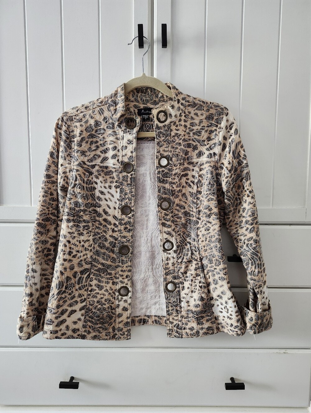 Animal Print Button-Front Women's Jacket By Anology - Beige/Black Sz S